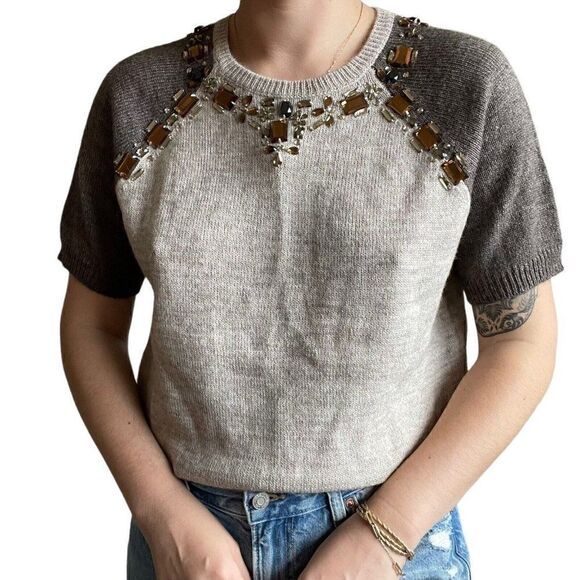NWOT J Crew Womens Alpaca Wool Blend Crew Jewel Embroidered Short Sleeve Sweater - Picture 1 of 10